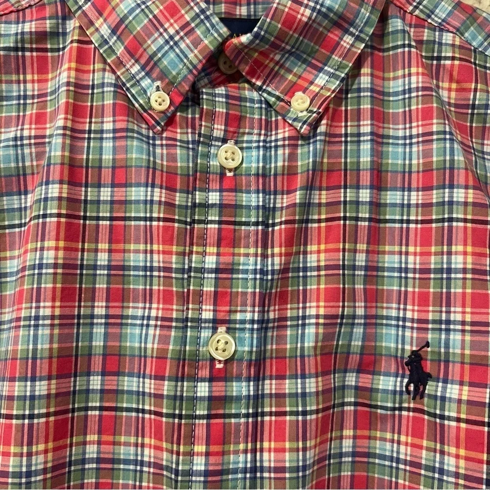 Ralph Lauren Poplin Boy’s Pink and Blue Plaid Button-Down Shirt size large 14-16
